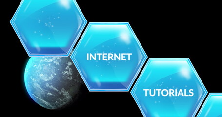 Image of education and learning text on blue hexagons over globe on black background