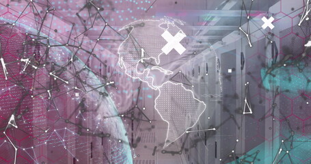 Image of globe, crosses and connections over servers