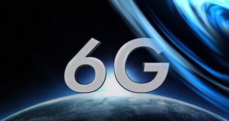 Image of 6g text over blue light trails and globe in background