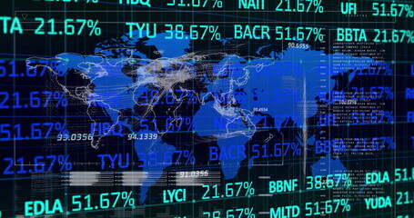 Image of graphs, financial data and world map on black digital screen