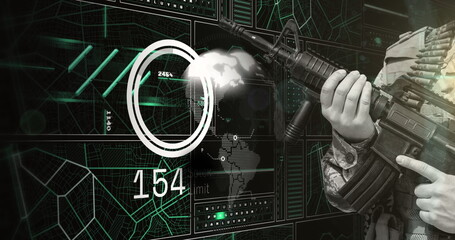 Image of hand of soldier holding gun over scanner, globe and data processing on interface