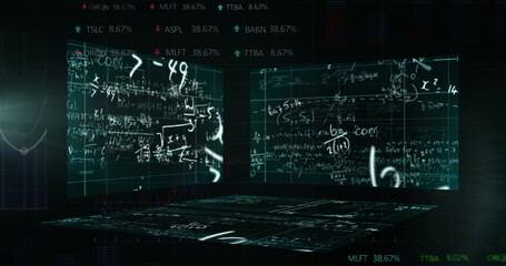 Image of math formulas and data on digital screens in black space