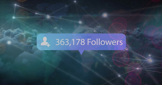 Image of number of followers increasing over connecting the dots, bokeh against clouds - Powered by Adobe