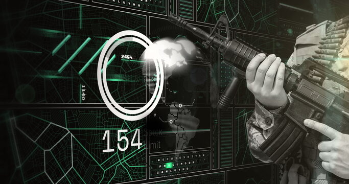 Image of hand of soldier holding gun over scanner, globe and data processing on interface - Powered by Adobe