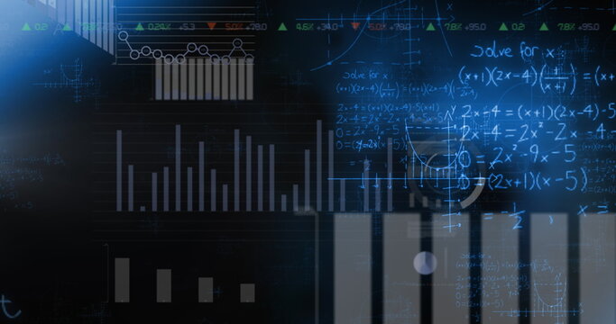 Image of digital multiple graphs, chart, data moving with mathematical formulas