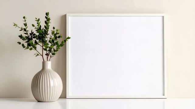 Minimalist room setup showcasing a white frame mockup beside a ceramic vase with green foliage on neutral wall and tabletop background