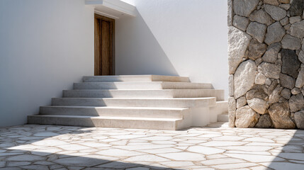 A view of white stairs leading to a wooden door with a stone wall and tiled floor in bright sunlight