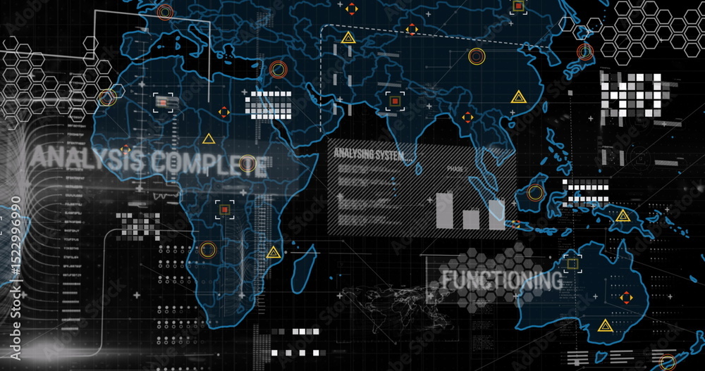 Poster image of data processing over world map on dark background