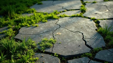 Cracked stone pathway reclaimed by vibrant green vegetation, a testament to nature's resilience and persistent growth amidst urban decay.