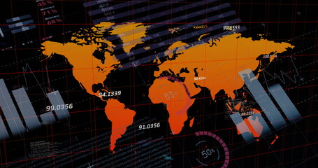 Image of graphs, data and world map on black digital screen