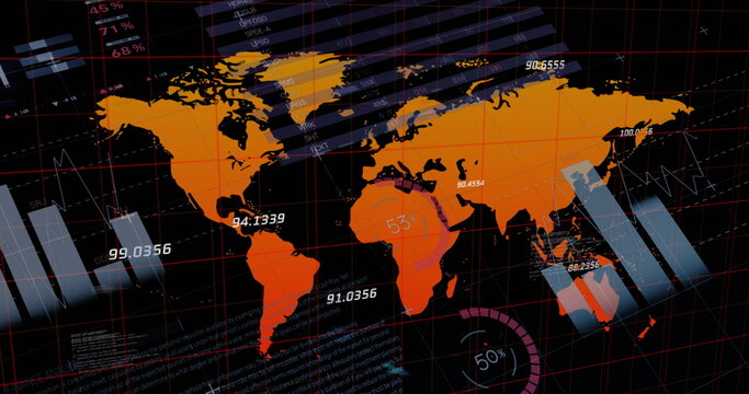 Image of graphs, data and world map on black digital screen - Powered by Adobe