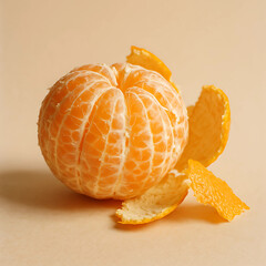 Peeled Mandarin Orange with Fresh Zest on Beige Background