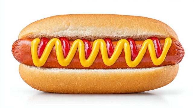 Classic American Hot Dog with Mustard and Ketchup in Soft Bun on White Background