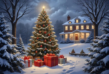 A festive christmas scene featuring a decorated tree gifts snow and a warm cozy home
