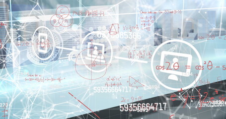 Image of tech icons, numbers and math formulas on grey background