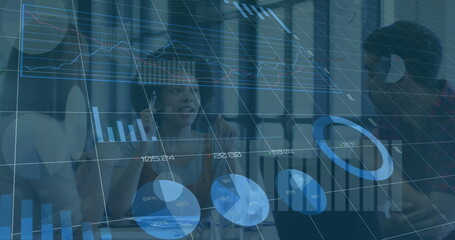 Image of bar graphs, finance data moving against multiracial colleagues discussing in office