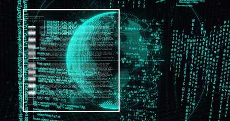 Image of digital globe rotating with moving computer programming language