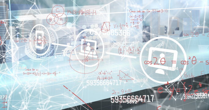 Image of tech icons, numbers and math formulas on grey background