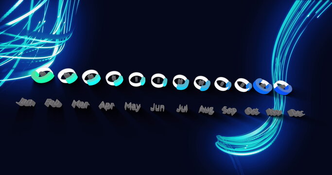 Image of digital months text and pie charts with illuminated light stripes on black background - Powered by Adobe