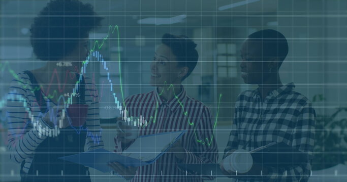 Image of graph data moving over multiracial colleagues discussing while having coffee in office