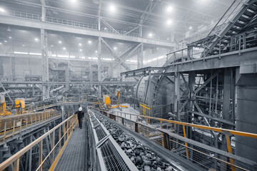 Professional heavy industry engineer worker control industrial ball mill grinds ore at mining and concentrating plant. Metal manufacture factory concentrate of copper and gold