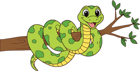 Fototapeta premium Friendly cartoon green snake with yellow stripes smiling on a leafy tree branch, playful nature illustration