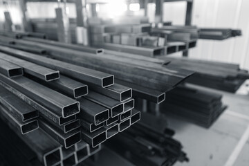 Steel tubes stacked in industrial factory warehouse