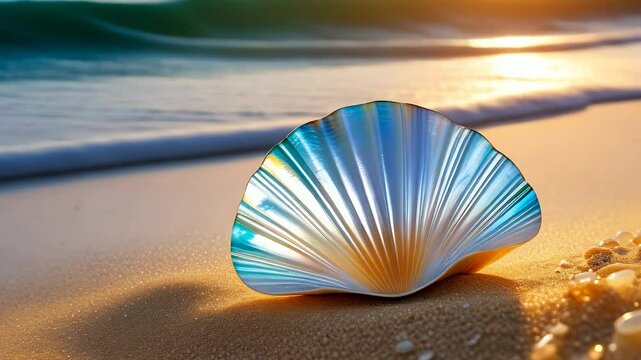 A close-up of beautiful seashell resting on soft sand by ocean. Shell is swaying in wind. The shell has blue and orange gradient, reflecting sunlight. Waves gently roll onto seashore at sunset.