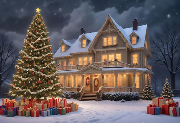 Fototapeta premium Christmas eve scene of decorated house with lit tree presents and snowfall landscape
