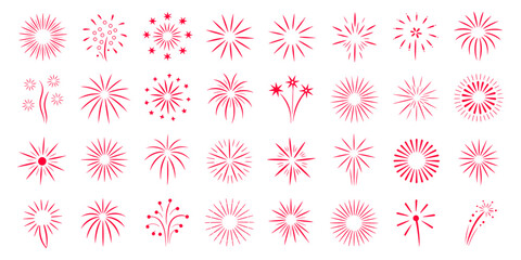Collection of 30 Pink Fireworks Icons Vector Burst Illustrations for Celebration, Party, and Festive Designs. Ideal for Websites, Print, and Digital Projects.