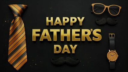 Elegant Father's Day tribute featuring tie, glasses, watch, mustache and golden text animation