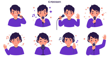 Cartoon Singer Illustrations Boy with Microphone Headphones and Musical Notes