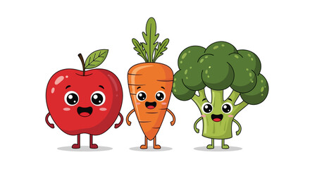 Cheerful Cartoon Apple Carrot and Broccoli Characters Smiling