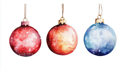 Three Christmas hanging baubles, watercolor