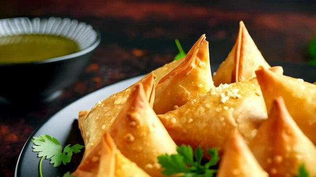 Delicious crispy fried vegetable samosas served on a black plate with herbs and dipping sauce