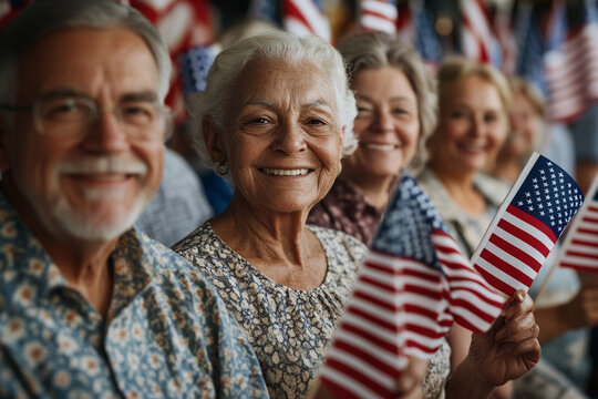 Patriotic Senior Citizens Smiling and Holding American Flags During an Event or Celebration - Powered by Adobe