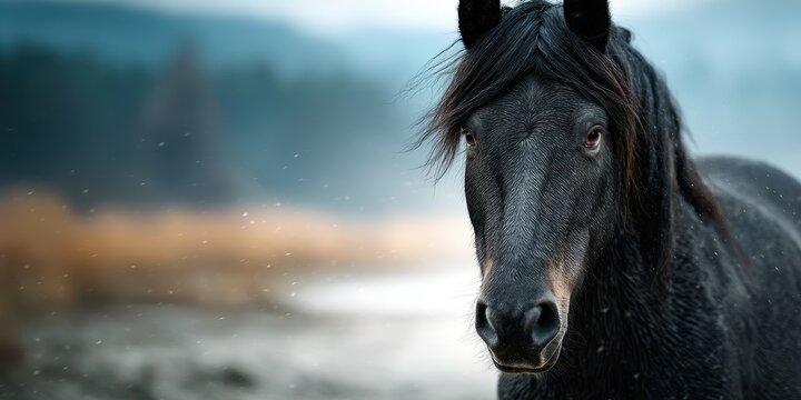 Majestic black horse standing by a serene lake with misty mountains in the background during early morning light