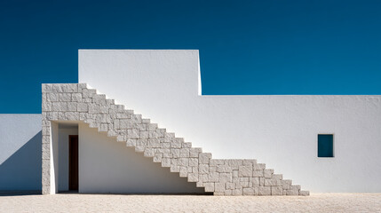 Minimalist architecture featuring white walls stone staircase and a bright blue sky on a sunny day