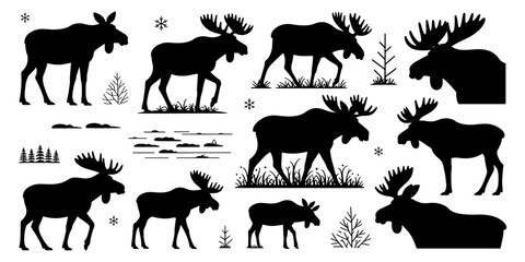 Collection of Moose Silhouettes Elegant Black and White Animal Illustrations, Perfect for Nature-Themed Designs and Projects