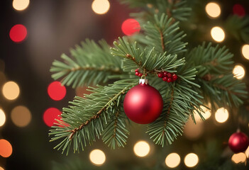 Close up of a red christmas ornament hanging on a vibrant evergreen tree with bokeh lights.