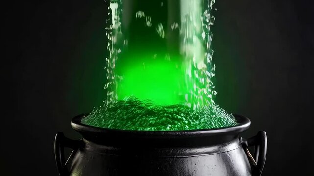 Halloween black cauldron filled with bubbling green potion emitting bright light against a dark background perfect for spooky season.