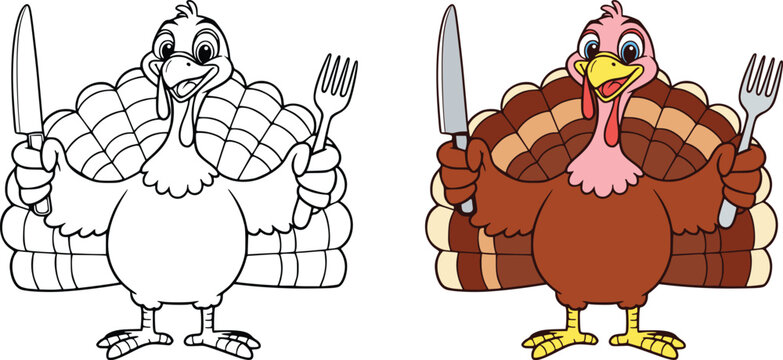Two cheerful cartoon turkeys holding knife and fork with happy expressions for thanksgiving celebration