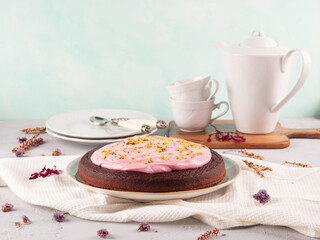 Beetroot chocolate cake with pink cream cheese pistachio icing