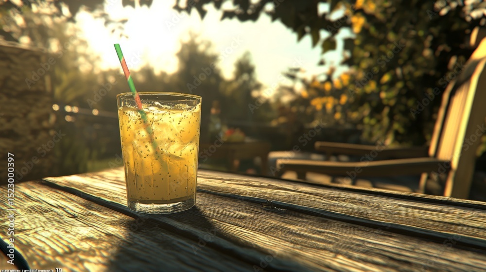 Poster an inviting glass of lemonade with ice and a colorful straw, sitting on a wooden porch with a view o
