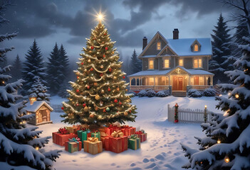 Cozy christmas scene a decorated christmas tree with presents and a lit up house