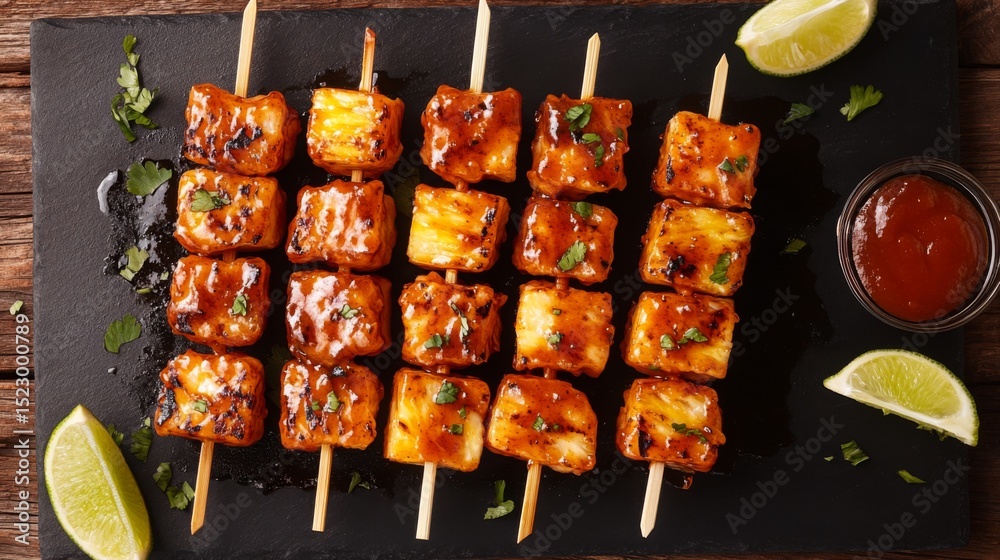 Poster an overhead shot of skewers of shrimp and pineapple, glazed with barbecue sauce, placed on a dark sl
