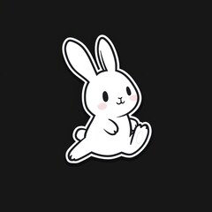 Obraz premium Cute white rabbit outlined in black, sitting on a dark background. Simple, cartoonish style