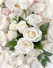 Elegant artificial white roses bouquet with soft-focus floral wallpaper featuring delicate orchid petals, perfect for Valentine's Day or wedding decor., clipart style. White tone