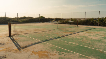 Abandoned tennis court in the sun with a net and lines surrounded by natural landscape