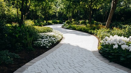 Winding garden path paved in light-grey brick, flanked by lush greenery and blooming white flowers, bathed in sunlight